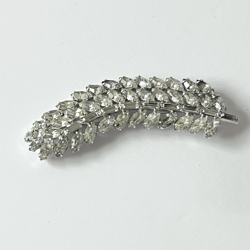 Vintage Joseph Warner Clear Rhinestone Feather Brooch Pin‎ In Silver-tone Finish